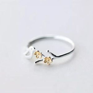 “Morning Bird” Sparrow Blossom Floral Silver Ring